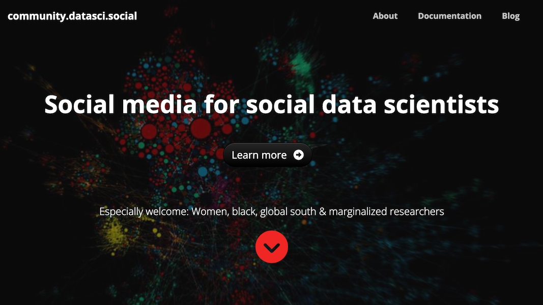 Landing page of community.datasci.social. Social media for social data scientists. Especially welcome: Women, black, global south & marginalized researchers